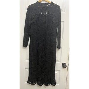 Whimsigoth Black Crochet Floral Lace Long Sleeve Midi Dress Sz  L Beaded Siryun